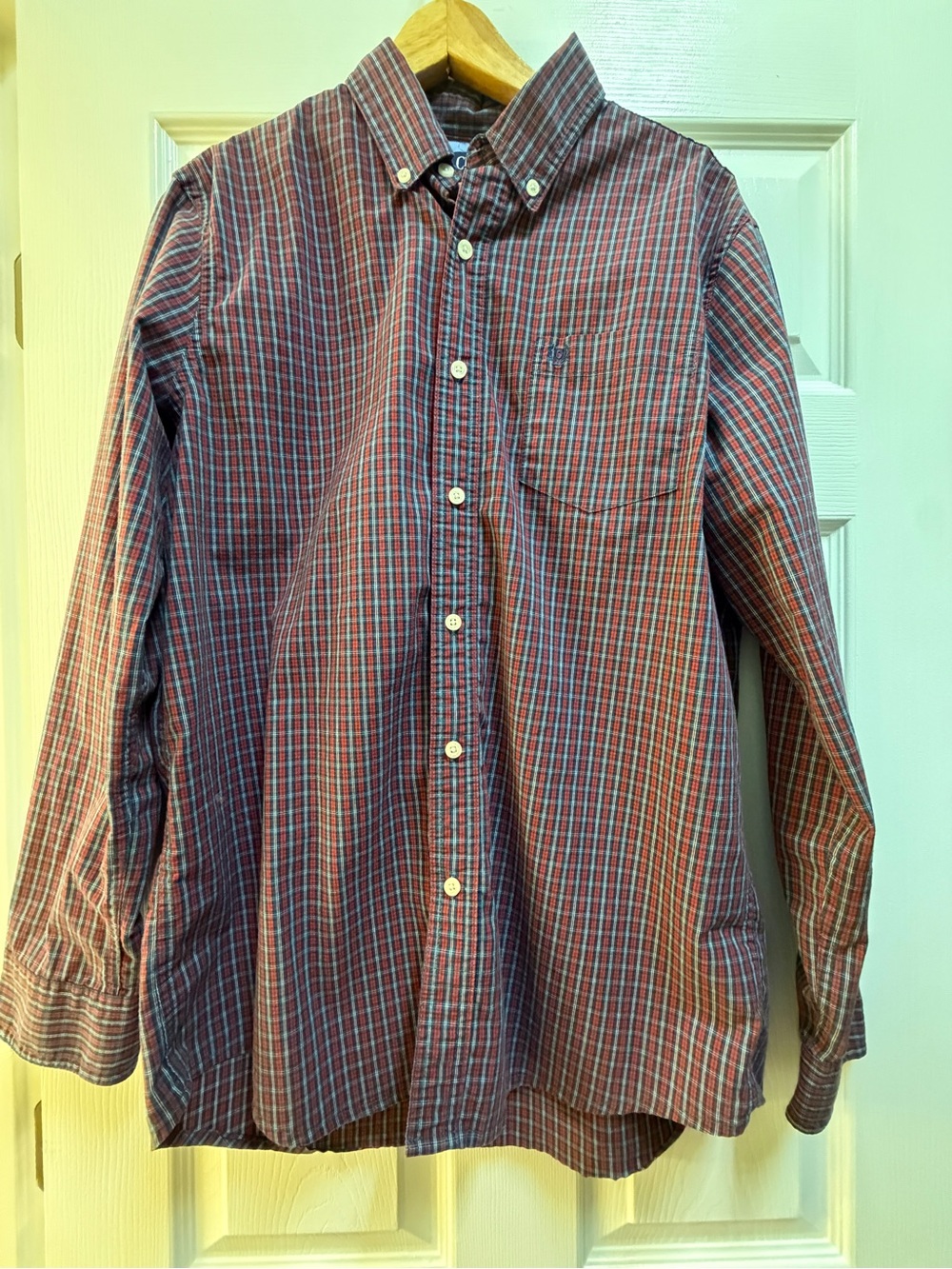Chaps Men's M Blue Red White Plaid Button Down LS Cotton Blend Stretch Shirt